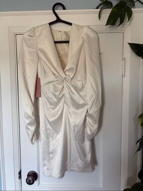 White Satin Twist-Front Long Sleeve Dress
